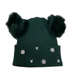 Disney Knit Hat - Minnie Pom Poms - Mickey & Snowflakes - Green